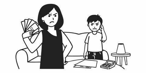 Fototapeta premium Young mother scolding her little son while going through her financials