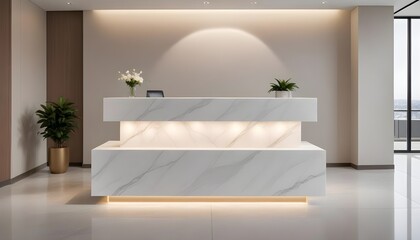 A modern and minimalist reception desk made of white marble or quartz, with built-in lighting and shelving. The background features a clean, contemporary design with neutral colors and materials