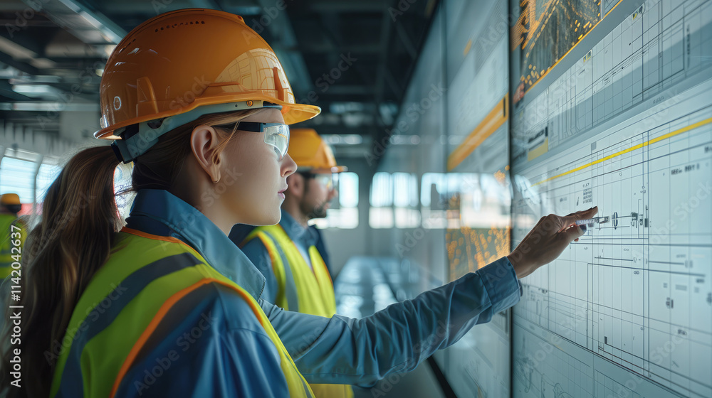 Poster a group of construction professionals gathered around a large screen displaying key performance metr