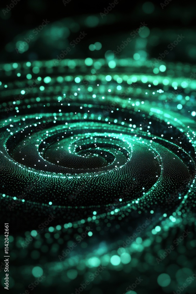 Poster a mesmerizing abstract swirl of glowing green particles, creating a captivating cosmic effect in a d