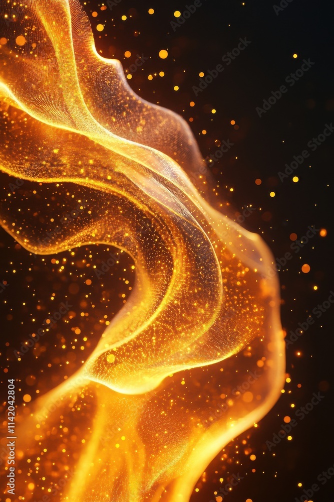 Poster abstract golden waves of light dance against a dark background, creating a mesmerizing visual effect
