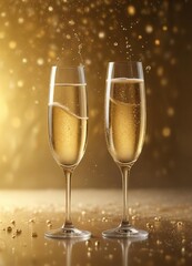 Luxury champagne bubbles floating on a golden Christmas background, glistening with dew , holiday atmosphere, winter wonderland