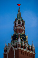 Spasskaya Tower of the Moscow Kremlin at dusk, Russia.