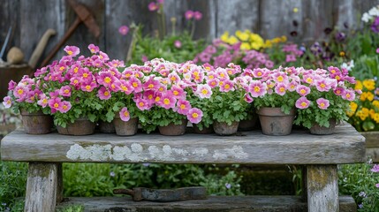 Fototapeta premium Primrose plants arranged on a rustic wooden bench, with a garden backdrop of wildflowers and tools