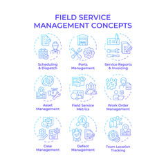 Field service management blue gradient concept icons. Optimization in FSM operations. Managing workforce, equipment, assets. Icon pack. Vector images. Round shape illustrations. Abstract idea