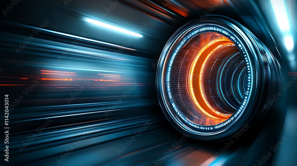 Poster dynamic motion of futuristic engine in high-speed tunnel technology concept digital environment