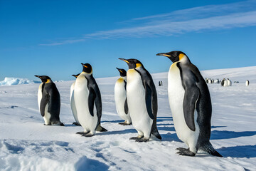 Obraz premium A group of emperor penguins stands on a snowy landscape under a clear blue sky, showcasing their distinctive black and white plumage.