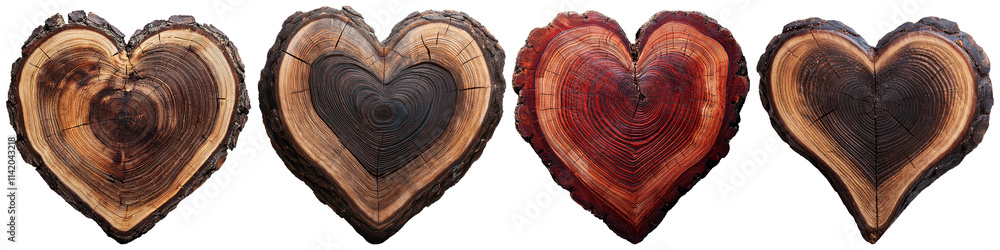 Poster extreme closeup of a cross section of a heart shaped tree trunk, isolated on transparent or white ba