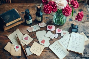 Overhead view of a vintage writing desk adorned with love letters, carnations, ink bottles, heart cutouts, and an old book, evoking nostalgia