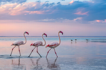 Obraz premium Three flamingos walk gracefully through shallow water, framed by a serene sunset and colorful clouds.