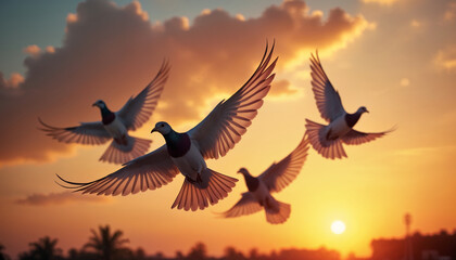 Pigeons in Flight During Sunset