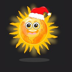 Planet sun in the hat of Santa Claus. Emotion smiles. Sun Vector illustration on white background.