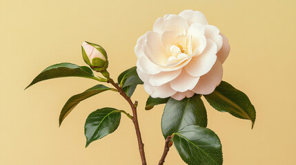 Single White Camellia Bloom with Bud