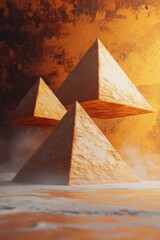 Three floating pyramids create a striking contrast against an orange backdrop, evoking a sense of mystery and wonder.