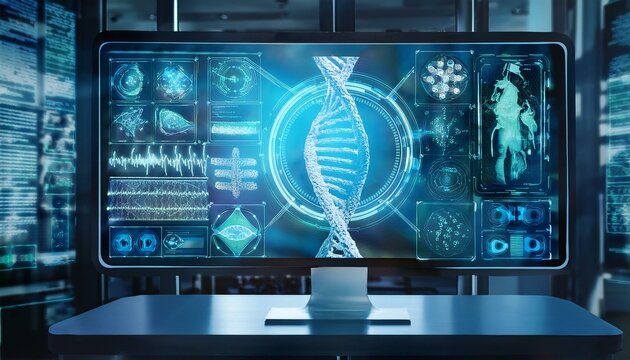 Genetic Code Unveiled: Futuristic digital display showcasing a DNA strand and intricate bio-data, illuminating breakthroughs in genetic research.
