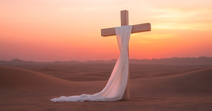 A wooden cross with a white linen cloth hanging on it, easter background