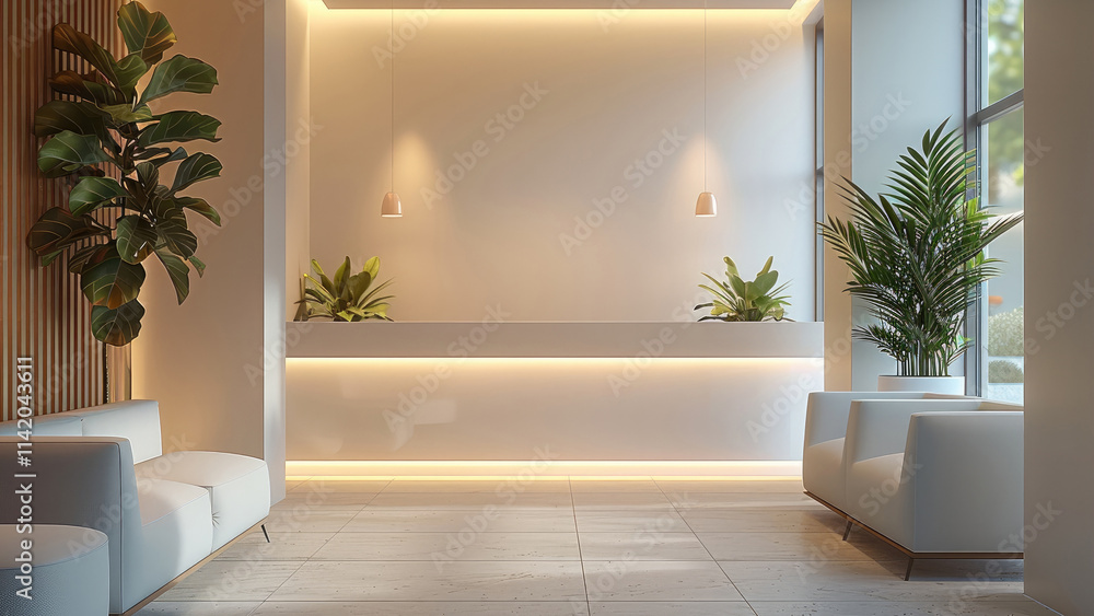 Poster elegant small waiting room with a calming atmosphere. a sleek reception desk and a modern style couc