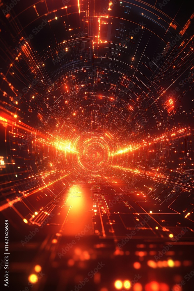 Poster abstract digital tunnel with vibrant orange and red lights, creating a futuristic and dynamic atmosp