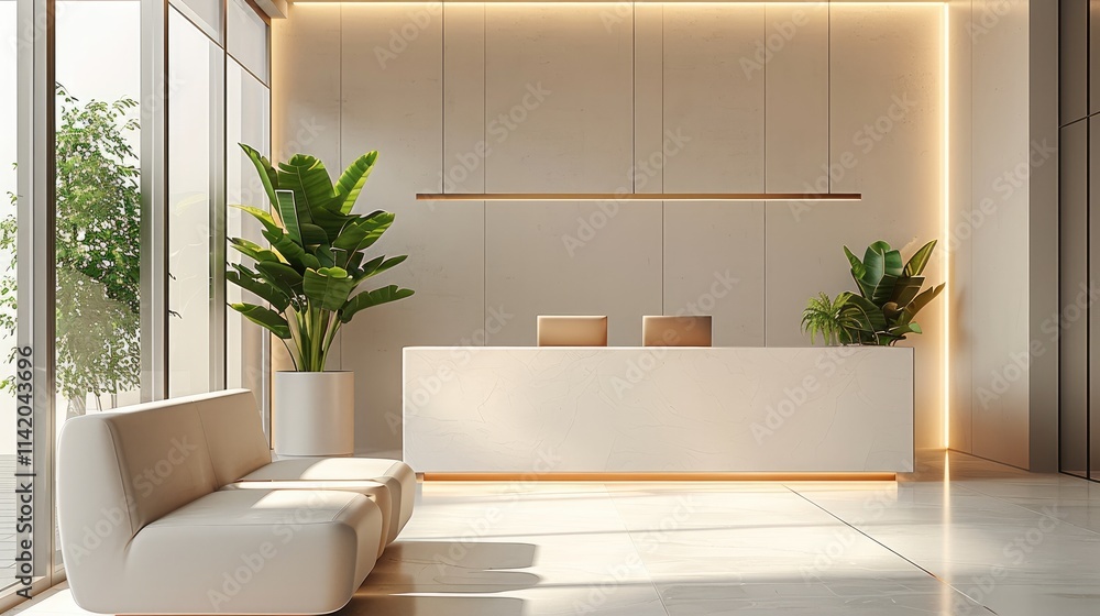 Poster elegant small waiting room with a calming atmosphere. a sleek reception desk and a modern style couc