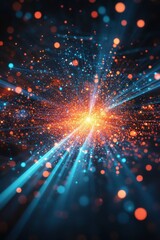 Obraz premium An abstract explosion of vibrant orange and blue particles radiating outward, creating a sense of dynamic movement.