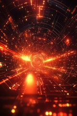 Fototapeta premium Abstract digital tunnel with vibrant orange and red lights, creating a futuristic and dynamic atmosphere.