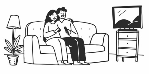 Diverse couple, watching tv and remote on living room couch with smile, hug or relax with click for choice, show or film