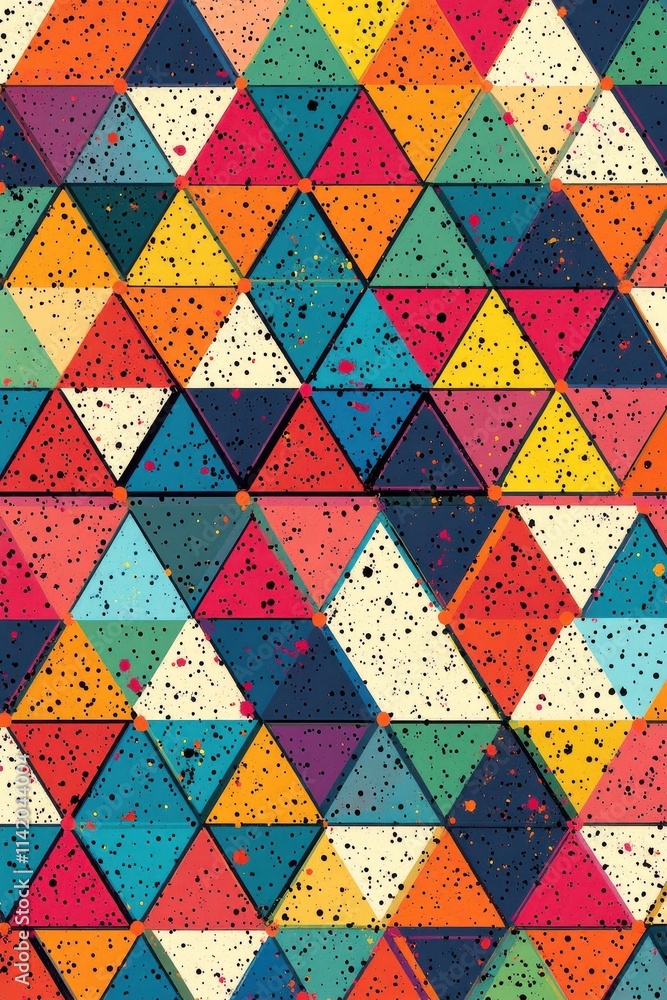 Poster a vibrant geometric pattern featuring colorful triangles and speckles, creating a lively and artisti