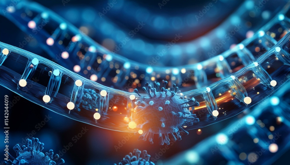 Poster dna and virus interaction: microscopic view of a virus interacting with dna strands, a 3d rendering 