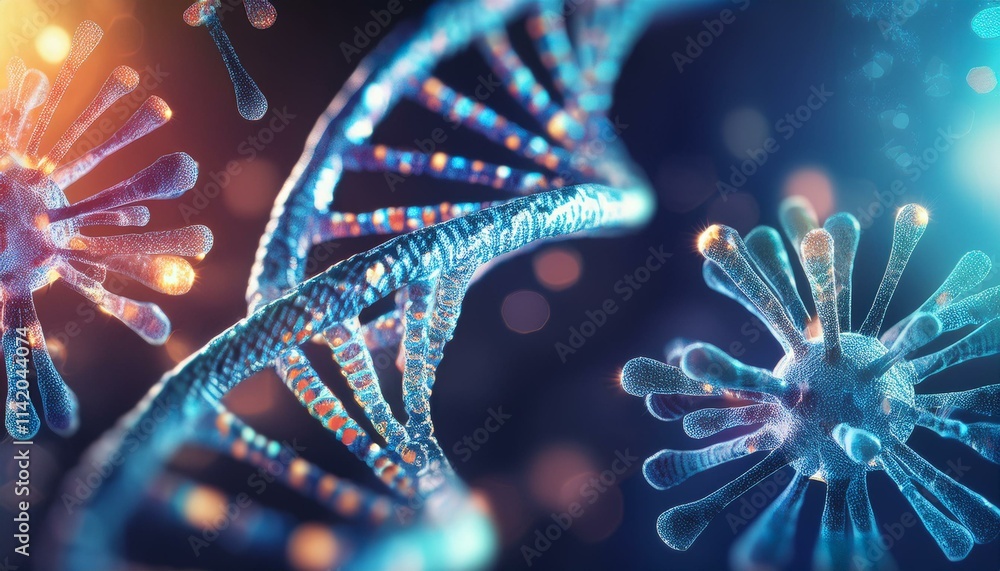 Poster dna and viruses: a microscopic journey into the heart of biology. this digitally rendered image show