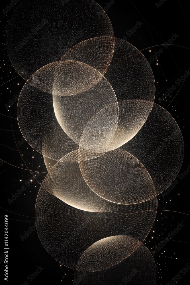 Poster abstract composition of overlapping translucent circles in soft tones against a dark background.