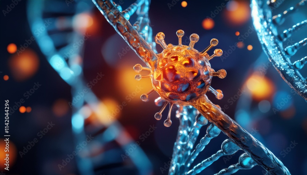 Poster viral dna: microscopic view of a virus attacking dna strands. a detailed 3d rendering of a virus int