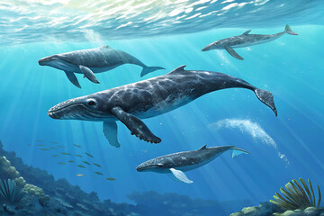 Fototapeta premium A serene underwater scene featuring multiple whales swimming gracefully among vibrant marine life and sunlit waters.