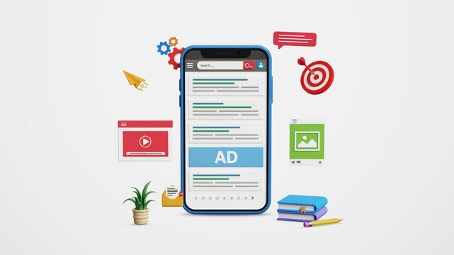 Website SEO ranking, content promotion, search engine optimization, on page ads, improve search result ranking, drive organic traffic. Website ranking and SEO on a 3D smartphone. 4K 3D animation