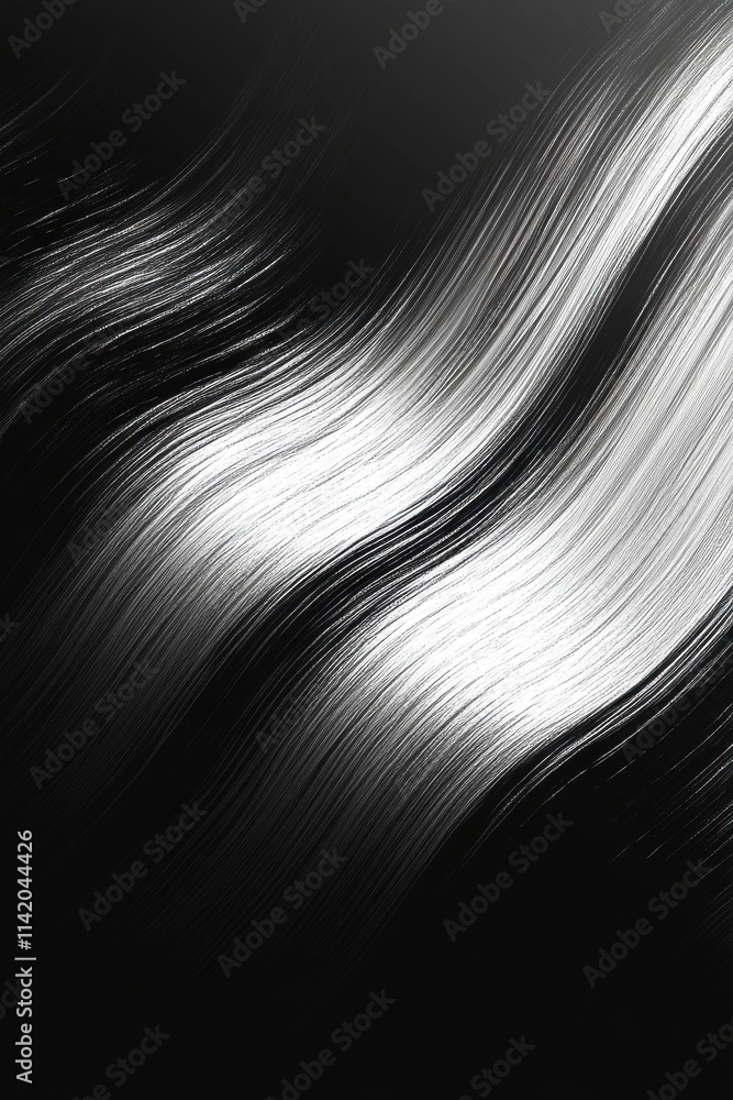 Poster abstract artistic depiction of flowing silver lines on a black background, creating a dynamic and el