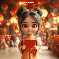 A charming 3D cartoon character in traditional Chinese style holding a red envelope, wearing an orange qipao, with double buns adorned with pearl ornaments, against a warm glowing lantern background.