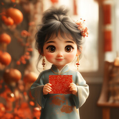 A 3D rendered cute chibi character in traditional Chinese attire holding a red envelope (hongbao), surrounded by mandarin oranges and festive elements. Chinese new year.