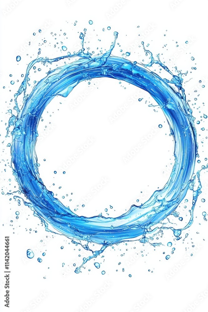 Poster vibrant blue water splash forming a circular shape, creating a refreshing and dynamic visual effect.