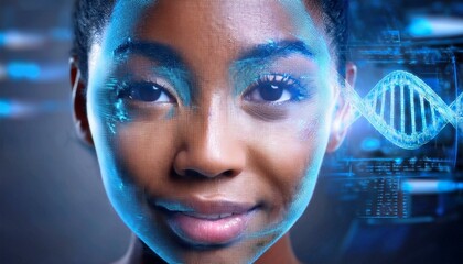 Digital Identity: A close-up portrait of a young woman with a futuristic digital overlay, showcasing a DNA helix entwined with her visage. The image explores themes of identity, technology.
