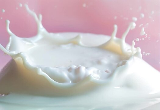 A delicate pink rose gracefully sinks in milk, creating pristine white swirls and splashes around it
