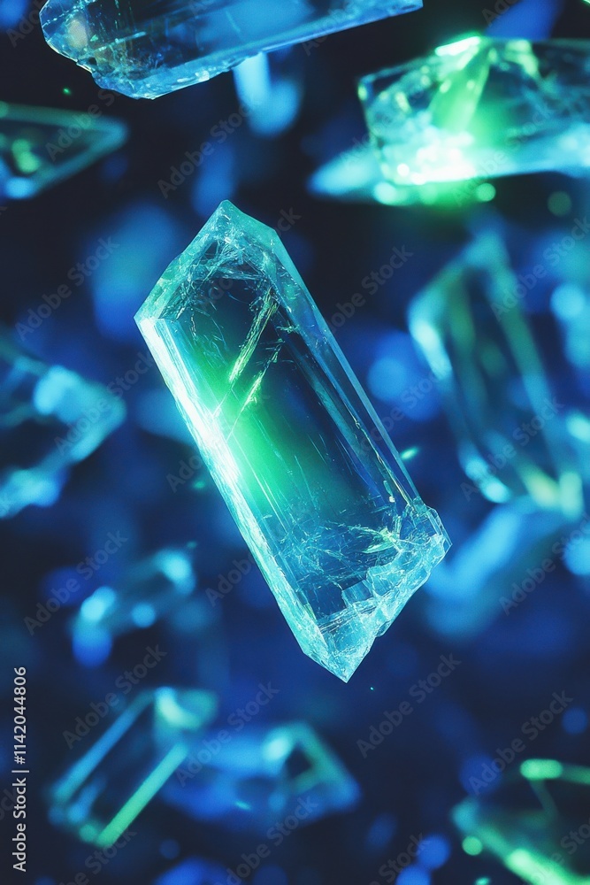 Poster beautifully illuminated shards of crystal floating against a vibrant blue backdrop, creating an ench