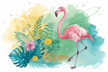 A vibrant pink flamingo stands gracefully amidst tropical leaves and colorful flowers, surrounded by a soft watercolor background.