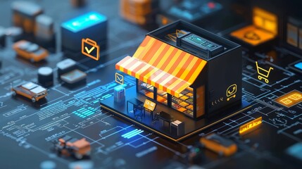 E-commerce growth blueprint: A 3D visual of a blueprint overlaying digital storefronts with icons representing sales, customers, and analytics growth