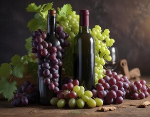 Gently arranged bunches of green and purple grapes around a wine bottle, vintage, fruit, rustic