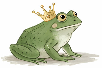 Fototapeta premium A whimsical illustration of a green frog wearing a golden crown, symbolizing royalty and charm in a playful manner.