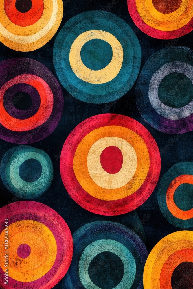 Poster colorful abstract circles in vibrant tones create a lively and energetic pattern on a dark backgroun