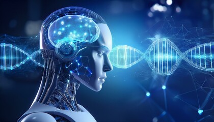 AI Evolution: A futuristic portrait of artificial intelligence, with a humanoid robot's head displaying a glowing brain and DNA strands, symbolic of the convergence of technology and biology.