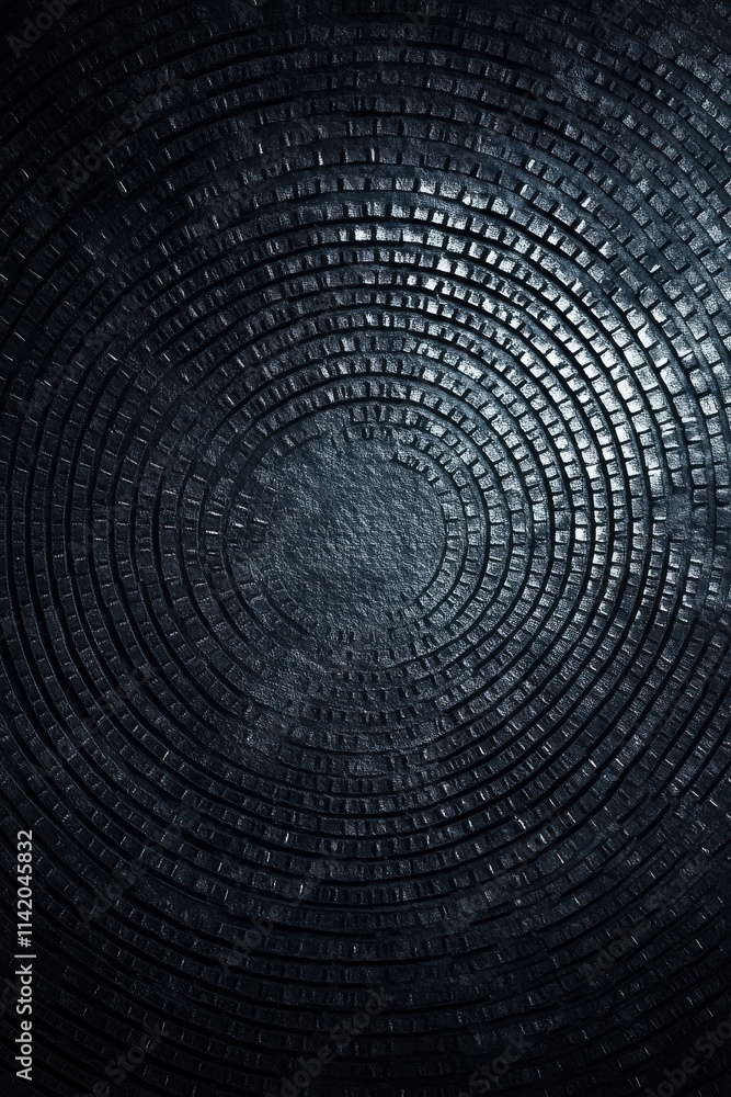 Poster a close-up view of textured circular patterns in dark tones, creating an intriguing visual effect.