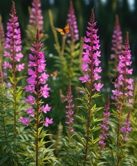 Fototapeta premium Field of blooming fireweed flowers with a few butterflies, butterflies, wildflowers, floral arrangement