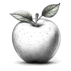 Graphite illustration of a single apple with two leaves.
