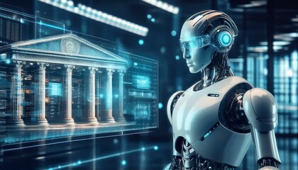 The Future of Finance: A humanoid robot stands before a digital projection of a classical bank building, symbolizing the intersection of technology and tradition in the modern financial world.  